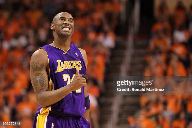 Kobe Bryant of the Los Angeles Lakers reacts to a play in the fourth quarter of Game Six of the Western Conference Finals against the Phoenix Suns...
