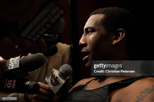 Amar'e Stoudemire of the Phoenix Suns is interviewed in the locker room after the suns were eliminated from the 2010 NBA Playoffs by the Los Angeles...