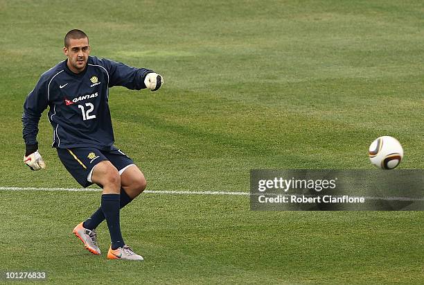 Australian goalkeeper Adam Federici kicks the ball during an Australian Socceroos training session at St Stithians College on May 30, 2010 in...