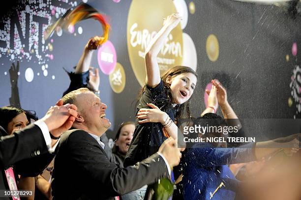 Lena Meyer-Landrut of Germany and her mentor Stefan Raab celebrate after she won the final of the Eurovision Song Contest at the Telenor arena in...