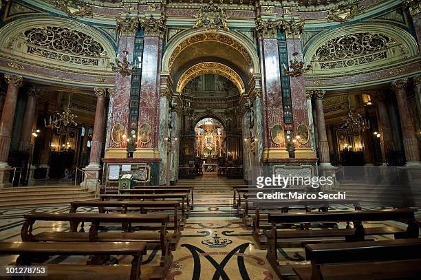 An interior view of the Santuario della Consolata on May 28, 2010 in Turin, Italy. The basilica is closely connected with the Al Bicerin cafe, which...