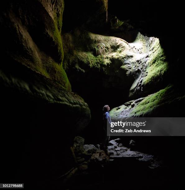 woman standing in cave looking up in washington state - spelunking stock-fotos und bilder