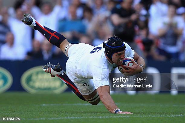 James Haskell of England scores a try during the MasterCard Trophy match between England and Barbarians at Twickenham Stadium on May 30, 2010 in...