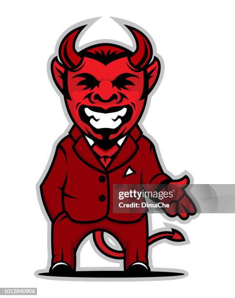 red horned tailed devil in suit - man smiling teeth stock illustrations