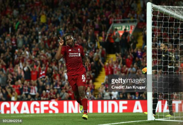 Daniel Sturridge of Liverpool celebrates scoring his sides 3rd goal during the pre-season friendly match between Liverpool and Torino at Anfield on...