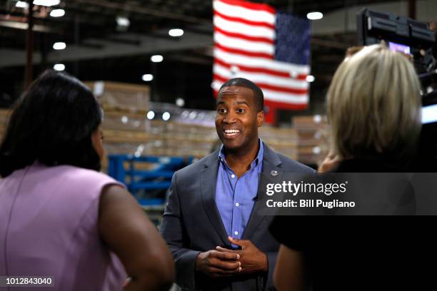 John James, Michigan GOP Senate candidate, does an interview with a news media outlet before holding an election night event at his business, James...