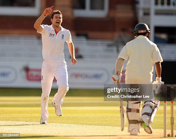 James Anderson of England celebrates getting the wicket of Mohammed Ashraful of Bangladesh during day 4 of the 1st npower Test match between England...