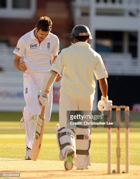James Anderson of England celebrates getting the wicket of Mohammed Ashraful of Bangladesh during day 4 of the 1st npower Test match between England...