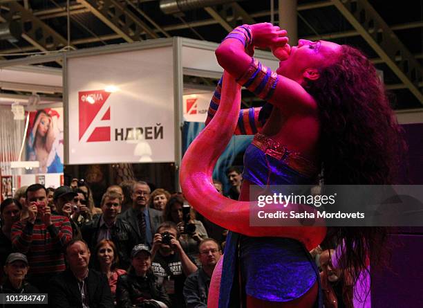 Striptease dancer performs with her snake during a show at The International Specialized X-SHOW Exhibition for Adults 2010 on May 2010 in Moscow,...