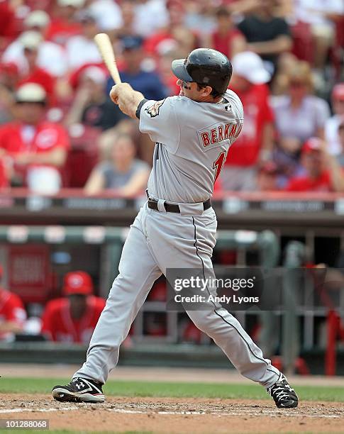 Lance Berkman of the Houston Astros hits a two run double in the 10th inning during the Astros 2-0 win over the Cincinnati Reds at Great American...