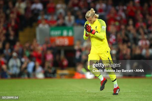 Loris Karius of Liverpool comes on for Alisson Becker of Liverpool during the pre-season friendly between Liverpool and Torino at Anfield on August...