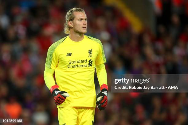 Loris Karius of Liverpool during the pre-season friendly between Liverpool and Torino at Anfield on August 7, 2018 in Liverpool, England.