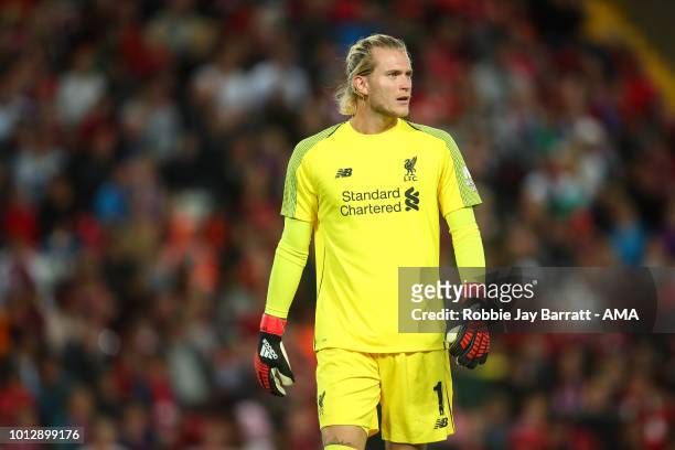Loris Karius of Liverpool during the pre-season friendly between Liverpool and Torino at Anfield on August 7, 2018 in Liverpool, England.