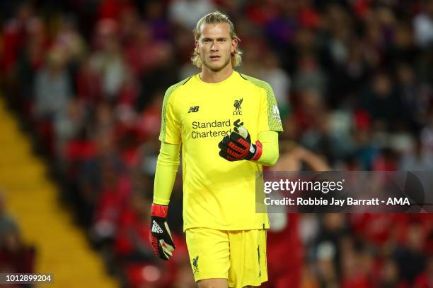 Loris Karius of Liverpool during the pre-season friendly between Liverpool and Torino at Anfield on August 7, 2018 in Liverpool, England.