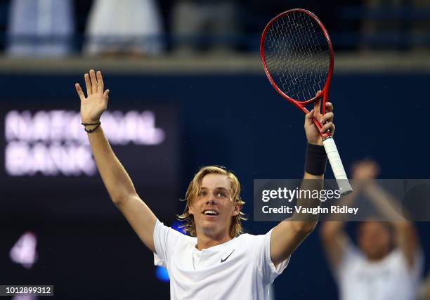 Denis Shapovalov of Canada celebrates victory over Jeremy Chardy of France following a 1st round match on Day 2 of the Rogers Cup at Aviva Centre on...