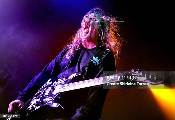 Jeff Hanneman of Slayer performs at Manchester Academy on May 30, 2010 in Manchester, England.