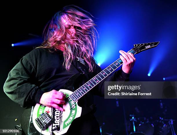 Jeff Hanneman of Slayer performs at Manchester Academy on May 30, 2010 in Manchester, England.