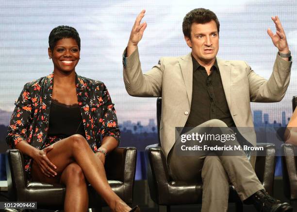 Actress Afton Williamson and actor Nathan Fillion of the television show "The Rookie" speak during the Disney/ABC segment of the Summer 2018...