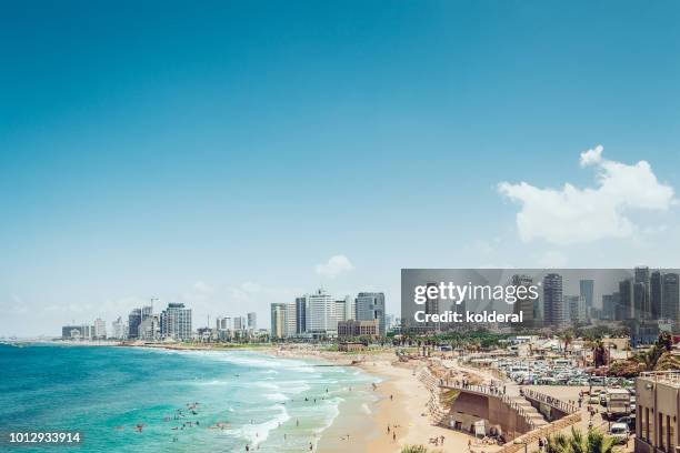 panoramic view of tel aviv and mediterranean sea - tel aviv stock-fotos und bilder