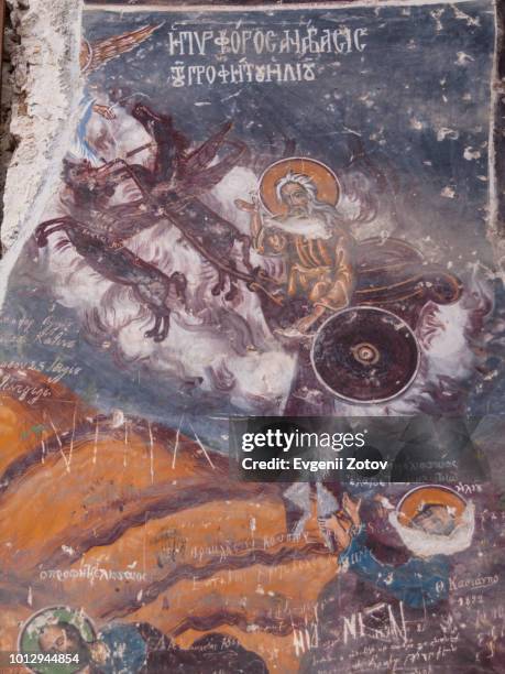 mural of "the prophet elijah and the fiery chariot" in sumela monastery near trabzon, turkey - chariot stockfoto's en -beelden