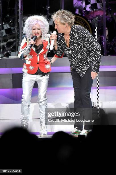 Cyndi Lauper and Rod Stewart perform at Madison Square Garden on August 7, 2018 in New York City.