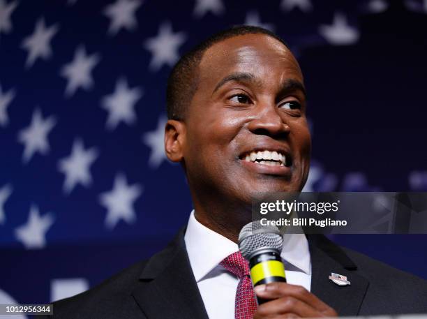 John James, Michigan GOP Senate candidate, speaks at an election night event after winning his primary election at his business, James Group...