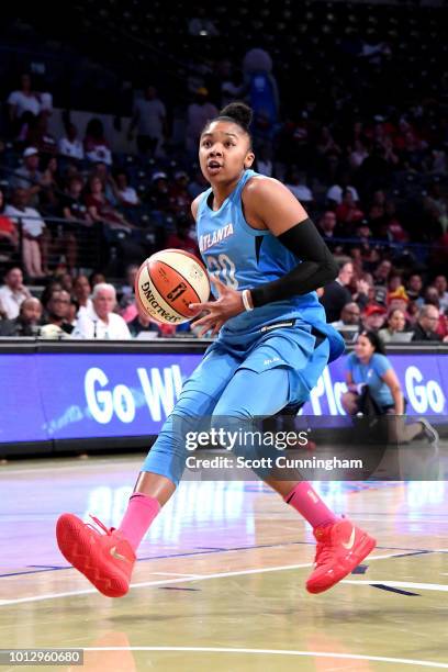 Alex Bentley of the Atlanta Dream handles the ball during the game against the Las Vegas Aces on August 07, 2018 at McCamish Pavilion in Atlanta,...