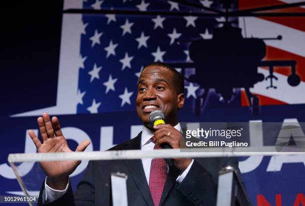 John James, Michigan GOP Senate candidate, speaks at an election night event after winning his primary election at his business James Group...