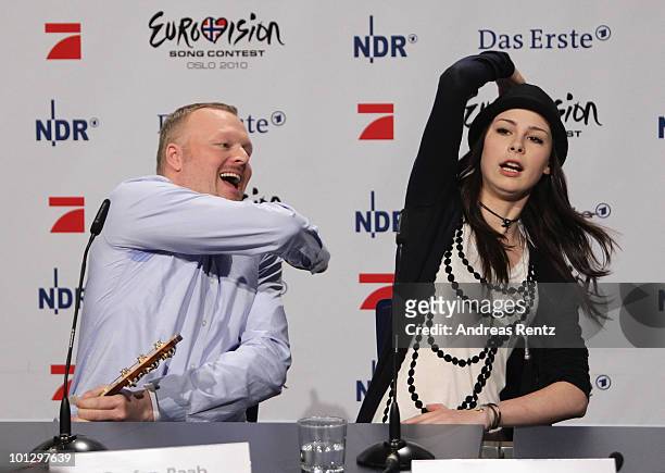 Lena Meyer-Landrut, winner of the Eurovision Song Contest 2010 and TV host Stefan Raab attend a press conference on May 31, 2010 in Cologne, Germany....