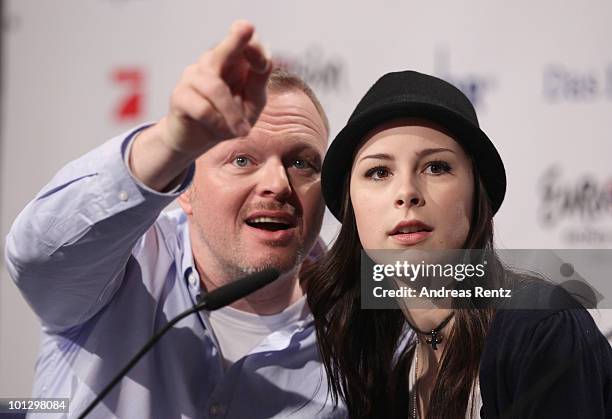 Lena Meyer-Landrut, winner of the Eurovision Song Contest 2010 and her mentor TV host Stefan Raab attend a press conference on May 31, 2010 in...