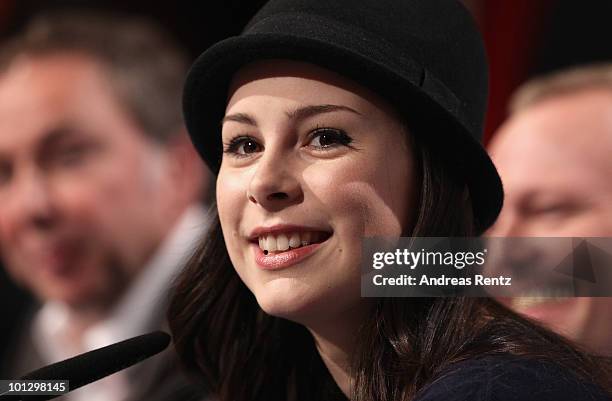 Lena Meyer-Landrut, winner of the Eurovision Song Contest 2010 attends a press conference on May 31, 2010 in Cologne, Germany. The 19-year-old Lena...