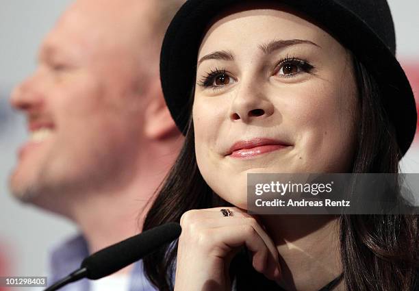 Lena Meyer-Landrut, winner of the Eurovision Song Contest 2010 and TV host and her mentor Stefan Raab attend a press conference on May 31, 2010 in...