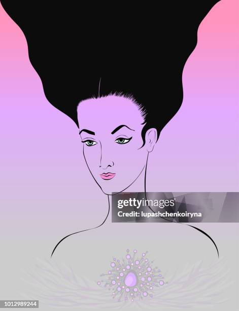 fashion illustration vektor schönheit porträt des kostbaren amethyst dekoration mädchen mit langen schwarzen haaren - amethyst stock-grafiken, -clipart, -cartoons und -symbole