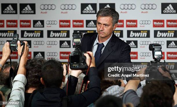 Real Madrid's new coach Jose Mourinho holds a press conference at Estadio Santiago Bernabeu on May 31, 2010 in Madrid, Spain.