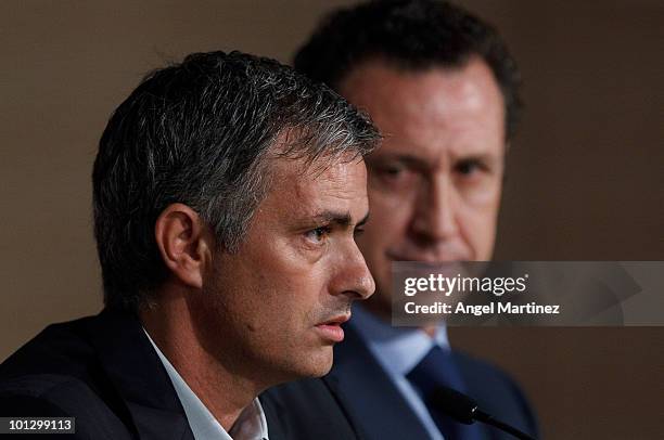 Real Madrid's new coach Jose Mourinho and Jorge Valdano, general director of Real Madrid, hold a press conference at Estadio Santiago Bernabeu on May...