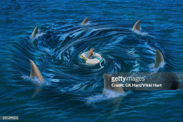 ilustrações de stock, clip art, desenhos animados e ícones de sharks circling life ring - orbiting