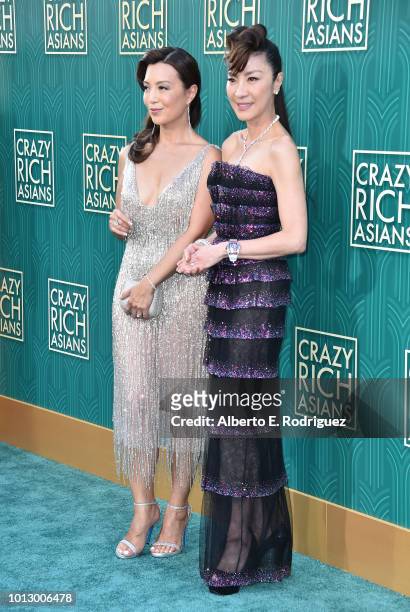 Ming-Na Wen and Michelle Yeoh attend the premiere of Warner Bros. Pictures' "Crazy Rich Asiaans" at TCL Chinese Theatre IMAX on August 7, 2018 in...