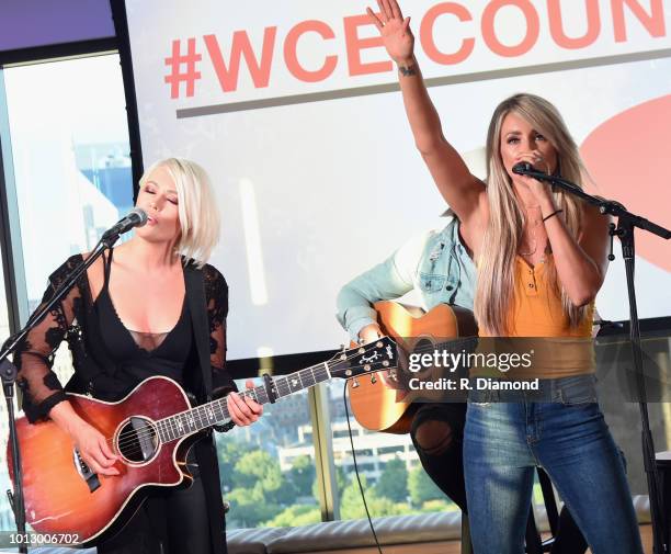 Ashlee Hewitt and Whitney Duncan of Post Monroe perform during Change the Conversation - Slacker Radio #WCE: Country Launch Party at The Steps at WME...