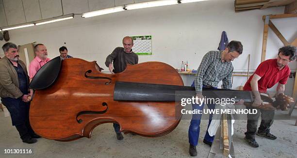 Luthiers carry the world's allegedly biggest playable violin on May 31, 2010 in Markneukirchen, eastern Germany. Twelve luthiers of the region known...