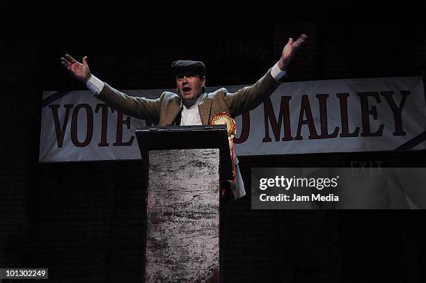 Actor Rafael Perrin in action during the presentation of the play `Los 39 Escalones' at Julio Prieto Theater on May 30, 2010 in Mexico City, Mexico