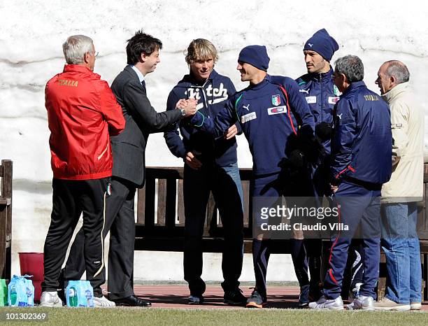 Italy head coach Marcello Lippi, President of Juventus FC, Pavel Nedved, Gianluca Zambrotta and Fabio Cannavaro during the training session on May...