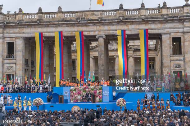 People attend the oath-taking ceremony of newly-elected President of Colombia Ivan Duque at Bolivar Square in Bogota, Colombia on August 07, 2018.
