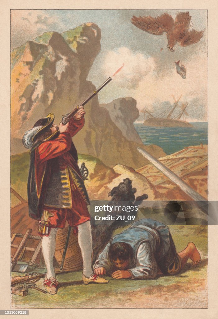 Robinson and Friday near the beached ship, lithograph, published 1877