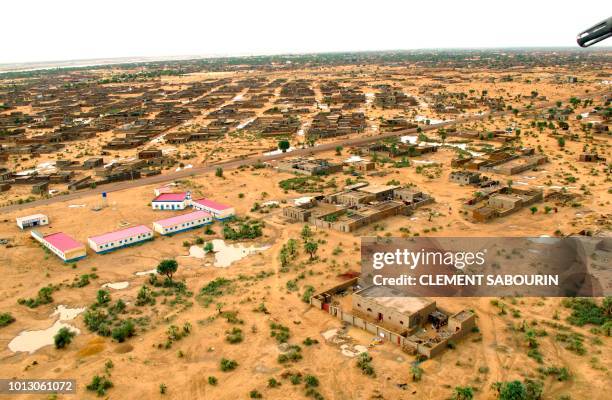 This aerial view taken from a Canadian UN peacekeeping helicopter during a patrol shows Gao on July 31 during the United Nations Multidimensional...