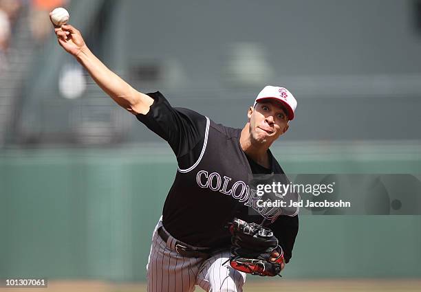 Ubaldo Jimenez of the Colorado Rockies pitches against the San Francisco Giants during an MLB game at AT&T Park on May 31, 2010 in San Francisco,...