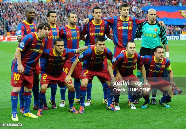 Barcelona's squad poses prior to the UEFA Champions League final football match FC Barcelona vs. Manchester United, on May 28, 2011 at Wembley...