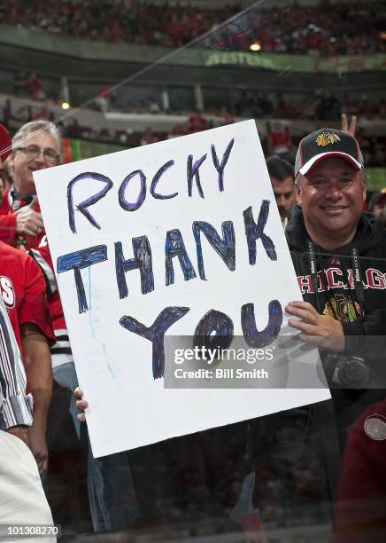 Chicago Blackhawks fan holds up a sign thanking Blackhawks chairman and owner Rocky Wirtz at Game Two of the 2010 Stanley Cup Finals against the...