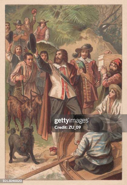 robinson arrived back home, lithograph, published in 1877 - friday stock illustrations