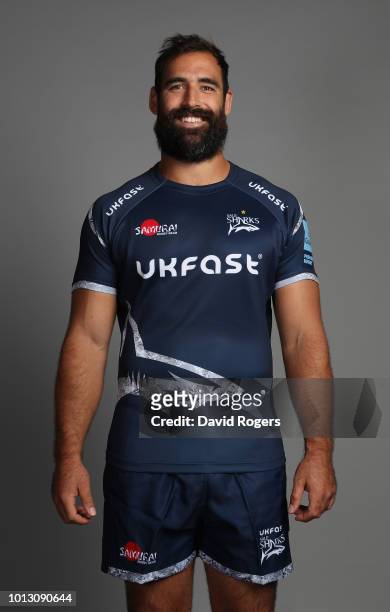 Josh Strauss poses for a portrait during the Sale Sharks squad photo call for the 2018-19 Gallagher Premiership Rugby season at AJ Bell Stadium on...
