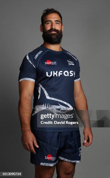 Josh Strauss poses for a portrait during the Sale Sharks squad photo call for the 2018-19 Gallagher Premiership Rugby season at AJ Bell Stadium on...
